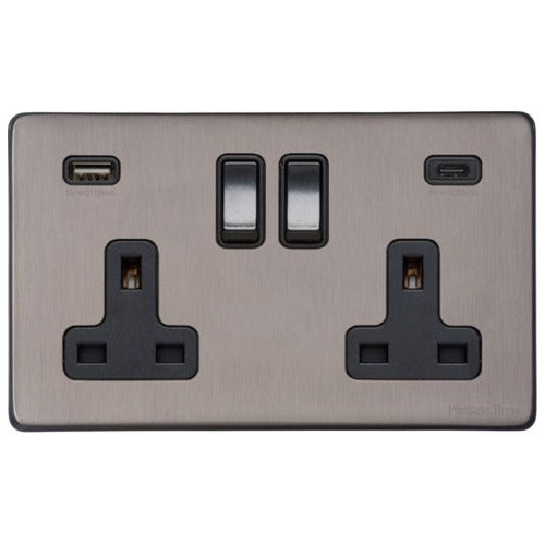 Vintage Range Satin Black Nickel Switches & Sockets, X66 - 2G 13A Socket with USB-A+C by Heritage Brass By M-Marcus