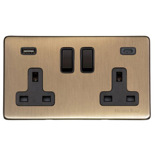 Vintage Range Antique Brass Switches & Sockets, X91 - 2G 13A Socket with USB-A+C by Heritage Brass By M-Marcus