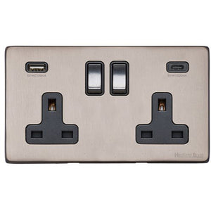Vintage Range Aged Pewter Switches & Sockets, XAP - 2G 13A Socket with USB-A+C by Heritage Brass By M-Marcus