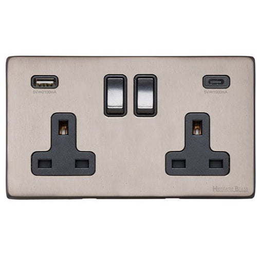Vintage Range Aged Pewter Switches & Sockets, XAP - 2G 13A Socket with USB-A+C by Heritage Brass By M-Marcus