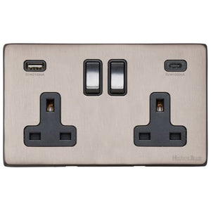 Vintage Range Aged Pewter Switches & Sockets, XAP - 2G 13A Socket with USB-A+C by Heritage Brass By M-Marcus