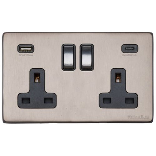 Vintage Range Aged Pewter Switches & Sockets, XAP - 2G 13A Socket with USB-A+C by Heritage Brass By M-Marcus