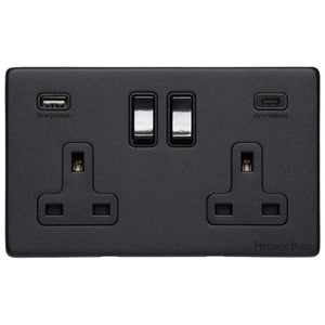 Vintage Range Matt Black Switches & Sockets, XBK - 2G 13A Socket with USB-A+C by Heritage Brass By M-Marcus