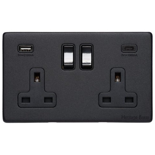 Vintage Range Matt Black Switches & Sockets, XBK - 2G 13A Socket with USB-A+C by Heritage Brass By M-Marcus