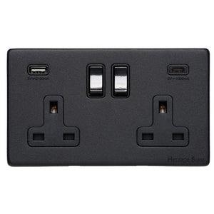 Vintage Range Matt Black Switches & Sockets, XBK - 2G 13A Socket with USB-A+C by Heritage Brass By M-Marcus