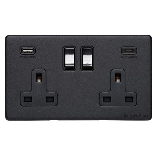Vintage Range Matt Black Switches & Sockets, XBK - 2G 13A Socket with USB-A+C by Heritage Brass By M-Marcus