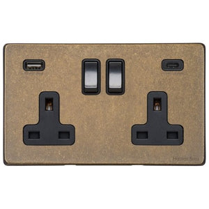 Vintage Range Rustic Brass Switches & Sockets, XRB - 2G 13A Socket with USB-A+C by Heritage Brass By M-Marcus