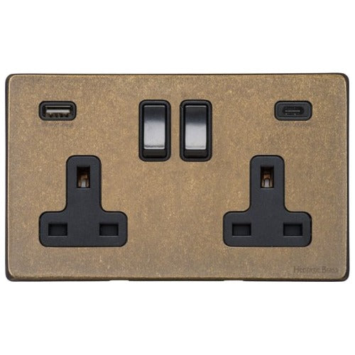 Vintage Range Rustic Brass Switches & Sockets, XRB - 2G 13A Socket with USB-A+C by Heritage Brass By M-Marcus