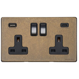 Vintage Range Rustic Brass Switches & Sockets, XRB - 2G 13A Socket with USB-A+C by Heritage Brass By M-Marcus