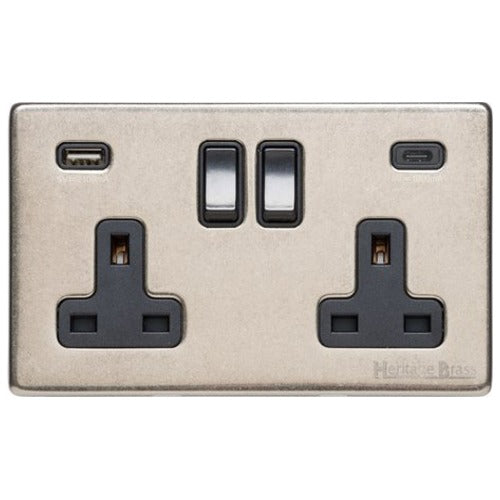 Vintage Range Rustic Nickel Switches & Sockets, XRN - 2G 13A Socket with USB-A+C by Heritage Brass By M-Marcus
