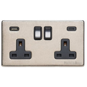 Vintage Range Rustic Nickel Switches & Sockets, XRN - 2G 13A Socket with USB-A+C by Heritage Brass By M-Marcus