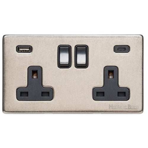 Vintage Range Rustic Nickel Switches & Sockets, XRN - 2G 13A Socket with USB-A+C by Heritage Brass By M-Marcus