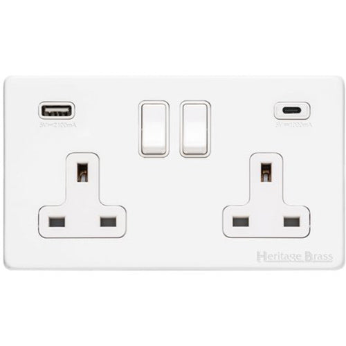 Vintage Range Matt White Switches & Sockets, XWH - 2G 13A Socket with USB-A+C by Heritage Brass By M-Marcus