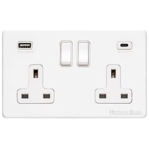 Vintage Range Matt White Switches & Sockets, XWH - 2G 13A Socket with USB-A+C by Heritage Brass By M-Marcus