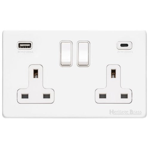 Vintage Range Matt White Switches & Sockets, XWH - 2G 13A Socket with USB-A+C by Heritage Brass By M-Marcus