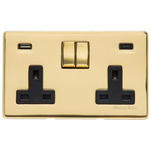 Studio Range Polished Brass Switches & Sockets, Y01 - 2G 13A Socket with USB-A+C by Heritage Brass By M-Marcus