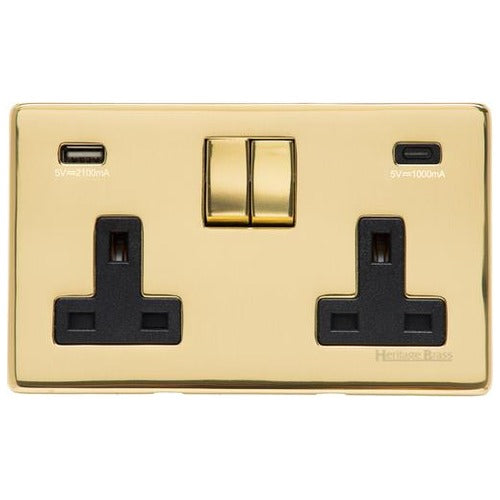 Studio Range Polished Brass Switches & Sockets, Y01 - 2G 13A Socket with USB-A+C by Heritage Brass By M-Marcus