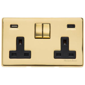 Studio Range Polished Brass Switches & Sockets, Y01 - 2G 13A Socket with USB-A+C by Heritage Brass By M-Marcus