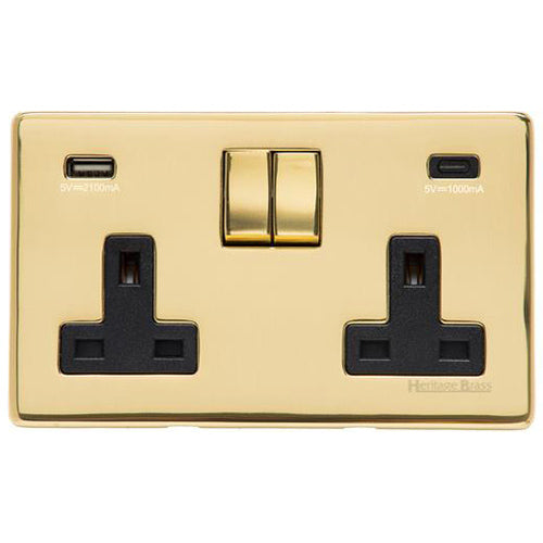Studio Range Polished Brass Switches & Sockets, Y01 - 2G 13A Socket with USB-A+C by Heritage Brass By M-Marcus