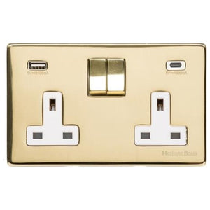 Studio Range Polished Brass Switches & Sockets, Y01 - 2G 13A Socket with USB-A+C by Heritage Brass By M-Marcus