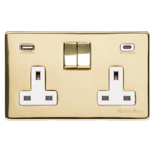 Studio Range Polished Brass Switches & Sockets, Y01 - 2G 13A Socket with USB-A+C by Heritage Brass By M-Marcus