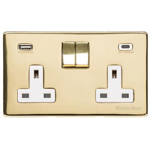 Studio Range Polished Brass Switches & Sockets, Y01 - 2G 13A Socket with USB-A+C by Heritage Brass By M-Marcus
