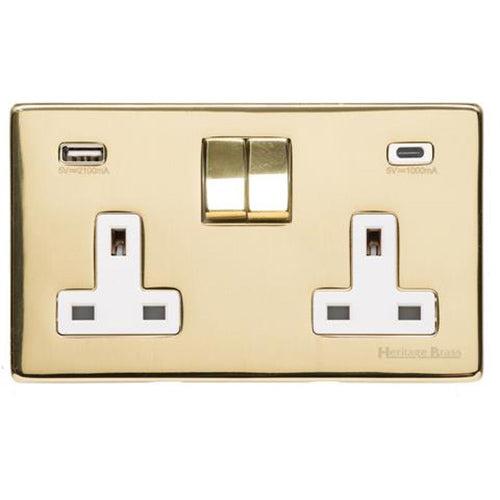 Studio Range Polished Brass Switches & Sockets, Y01 - 2G 13A Socket with USB-A+C by Heritage Brass By M-Marcus