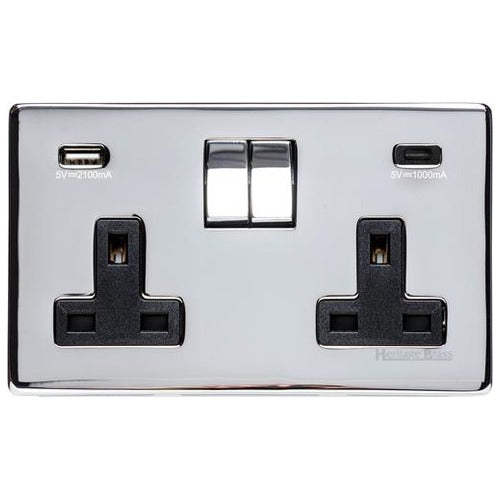 Studio Range Polished Chrome Switches & Sockets, Y02 - 2G 13A Socket with USB-A+C by Heritage Brass By M-Marcus