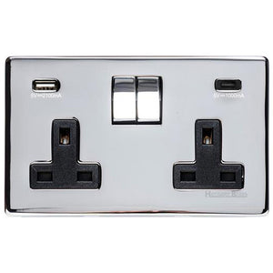 Studio Range Polished Chrome Switches & Sockets, Y02 - 2G 13A Socket with USB-A+C by Heritage Brass By M-Marcus