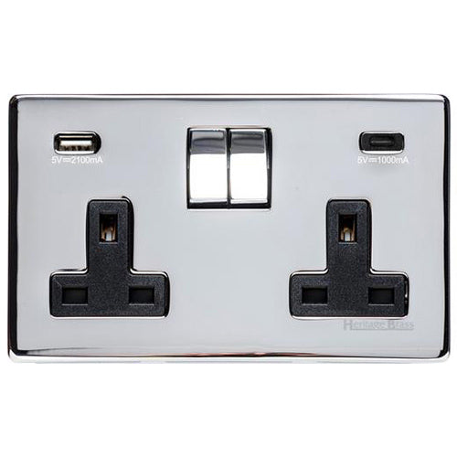 Studio Range Polished Chrome Switches & Sockets, Y02 - 2G 13A Socket with USB-A+C by Heritage Brass By M-Marcus