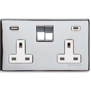Studio Range Polished Chrome Switches & Sockets, Y02 - 2G 13A Socket with USB-A+C by Heritage Brass By M-Marcus