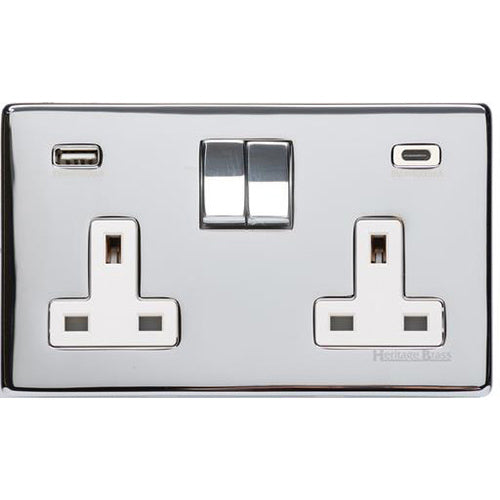 Studio Range Polished Chrome Switches & Sockets, Y02 - 2G 13A Socket with USB-A+C by Heritage Brass By M-Marcus