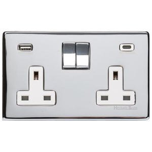 Studio Range Polished Chrome Switches & Sockets, Y02 - 2G 13A Socket with USB-A+C by Heritage Brass By M-Marcus