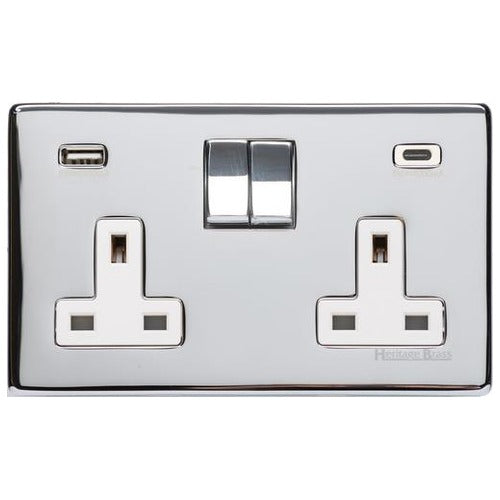 Studio Range Polished Chrome Switches & Sockets, Y02 - 2G 13A Socket with USB-A+C by Heritage Brass By M-Marcus