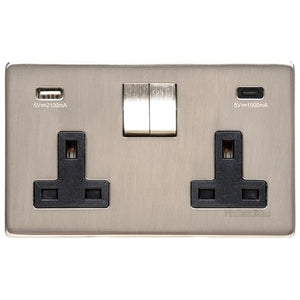 Studio Range Satin Nickel Switches & Sockets, Y05 - 2G 13A Socket with USB-A+C by Heritage Brass By M-Marcus