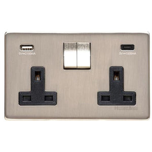 Studio Range Satin Nickel Switches & Sockets, Y05 - 2G 13A Socket with USB-A+C by Heritage Brass By M-Marcus