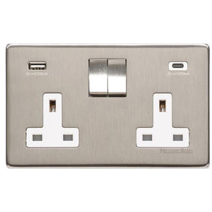 Studio Range Satin Nickel Switches & Sockets, Y05 - 2G 13A Socket with USB-A+C by Heritage Brass By M-Marcus