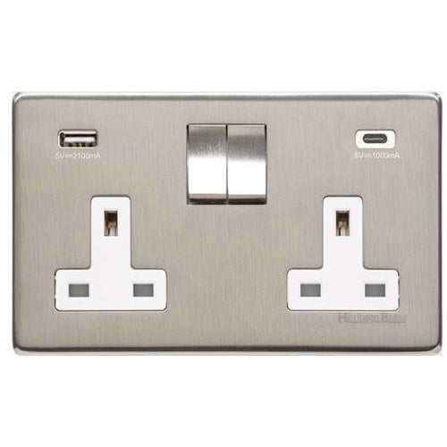 Studio Range Satin Nickel Switches & Sockets, Y05 - 2G 13A Socket with USB-A+C by Heritage Brass By M-Marcus