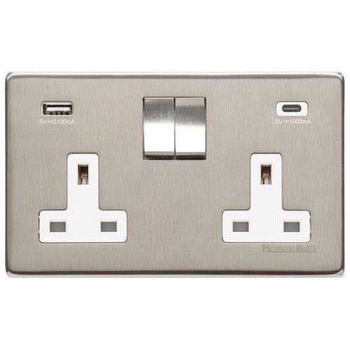 Studio Range Satin Nickel Switches & Sockets, Y05 - 2G 13A Socket with USB-A+C by Heritage Brass By M-Marcus