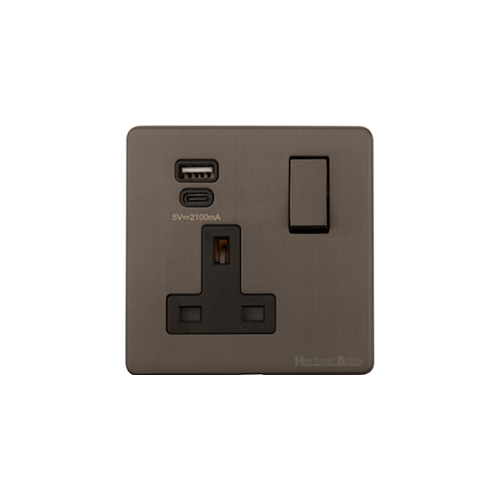 Studio Range Matt Bronze Switches & Sockets, Y09 - 1G 13A Socket with USB-A+C by Heritage Brass By M-Marcus