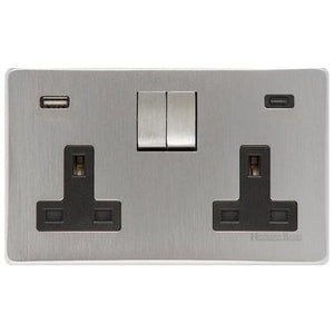 Studio Range Satin Chrome Switches & Sockets, Y33 - 2G 13A Socket with USB-A+C by Heritage Brass By M-Marcus