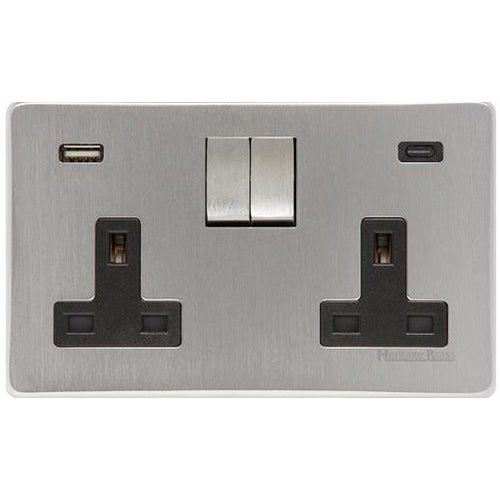 Studio Range Satin Chrome Switches & Sockets, Y33 - 2G 13A Socket with USB-A+C by Heritage Brass By M-Marcus