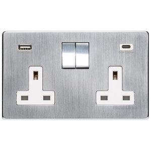Studio Range Satin Chrome Switches & Sockets, Y33 - 2G 13A Socket with USB-A+C by Heritage Brass By M-Marcus
