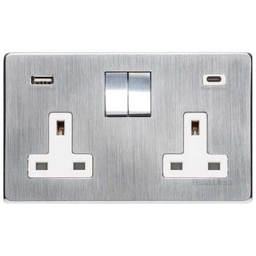 Studio Range Satin Chrome Switches & Sockets, Y33 - 2G 13A Socket with USB-A+C by Heritage Brass By M-Marcus