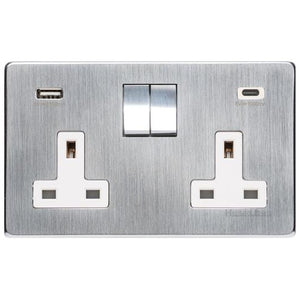 Studio Range Satin Chrome Switches & Sockets, Y33 - 2G 13A Socket with USB-A+C by Heritage Brass By M-Marcus