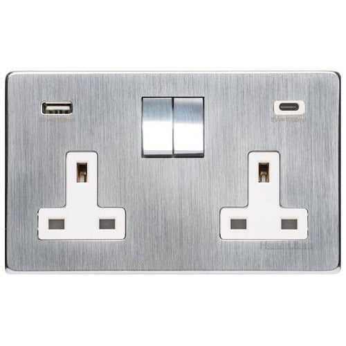 Studio Range Satin Chrome Switches & Sockets, Y33 - 2G 13A Socket with USB-A+C by Heritage Brass By M-Marcus