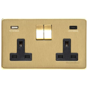 Studio Range Satin Brass Switches & Sockets, Y44 - 2G 13A Socket with USB-A+C by Heritage Brass By M-Marcus