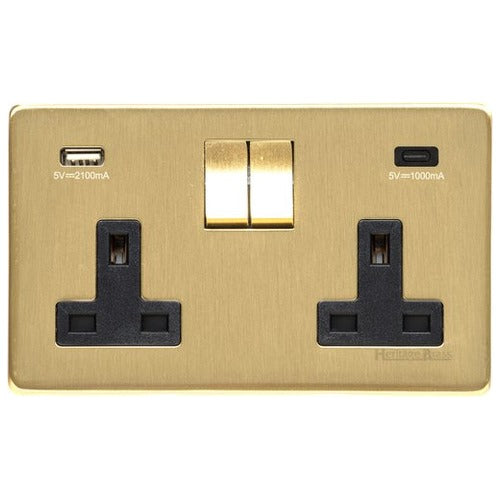 Studio Range Satin Brass Switches & Sockets, Y44 - 2G 13A Socket with USB-A+C by Heritage Brass By M-Marcus