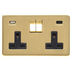 Studio Range Satin Brass Switches & Sockets, Y44 - 2G 13A Socket with USB-A+C by Heritage Brass By M-Marcus