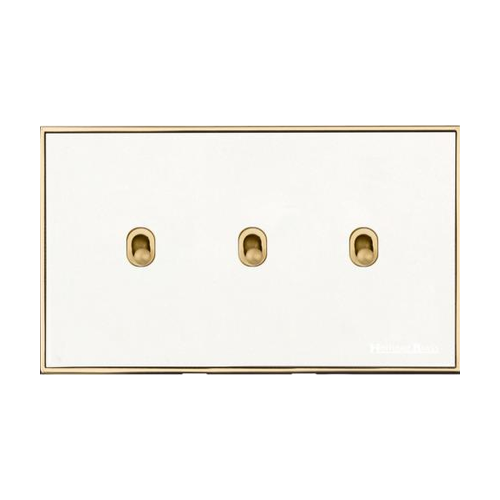 Executive Range Matt White with Polished Brass Switches & Sockets, EX10 - 3 Gang Stockholm Toggle by Heritage Brass By M-Marcus